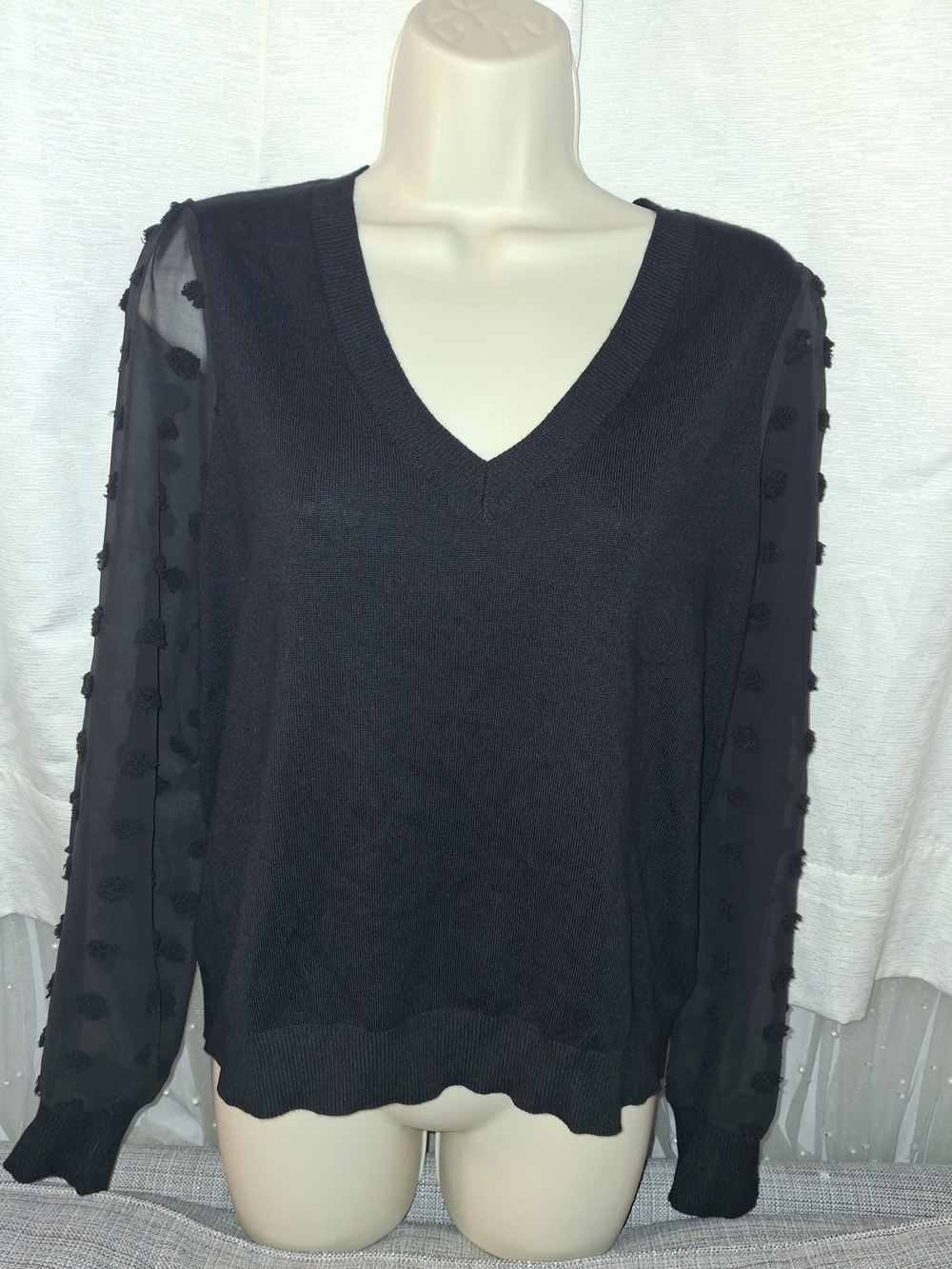 Black V-Neck Sweater with Sheer Pom-Pom Sleeves